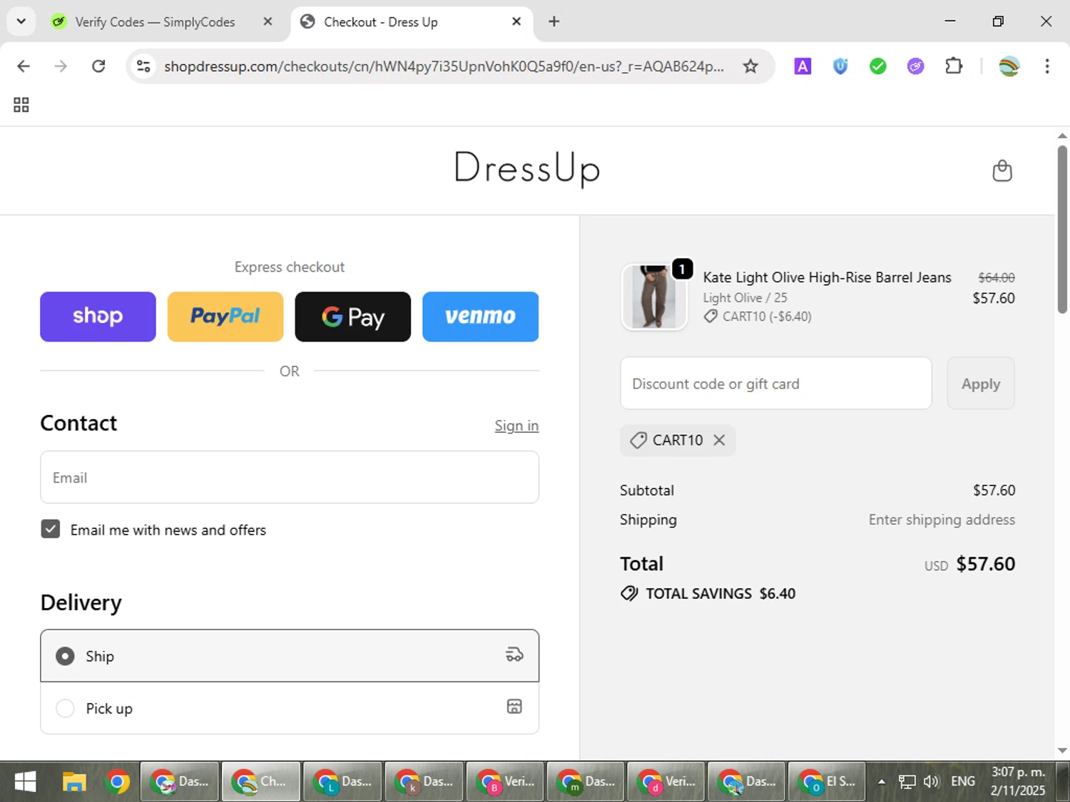 Dress Up coupon code screenshot showing code CART10 applied at Dress Up checkout page. Uploaded by SimplyCodes community member CoinMaven5220 on Nov 2, 2025