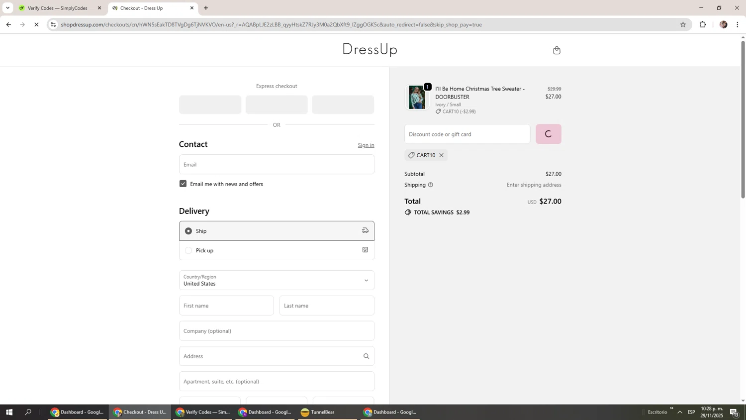 Dress Up coupon code screenshot showing code CART10 applied at Dress Up checkout page. Uploaded by SimplyCodes community member Levi_Ackerman on Nov 30, 2025
