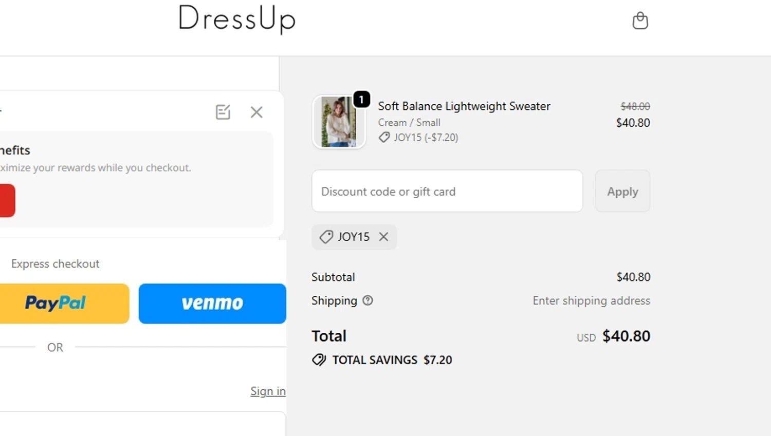 Dress Up coupon code screenshot showing code JOY15 applied at Dress Up checkout page. Uploaded by SimplyCodes community member BudgetPro6018 on Dec 28, 2025