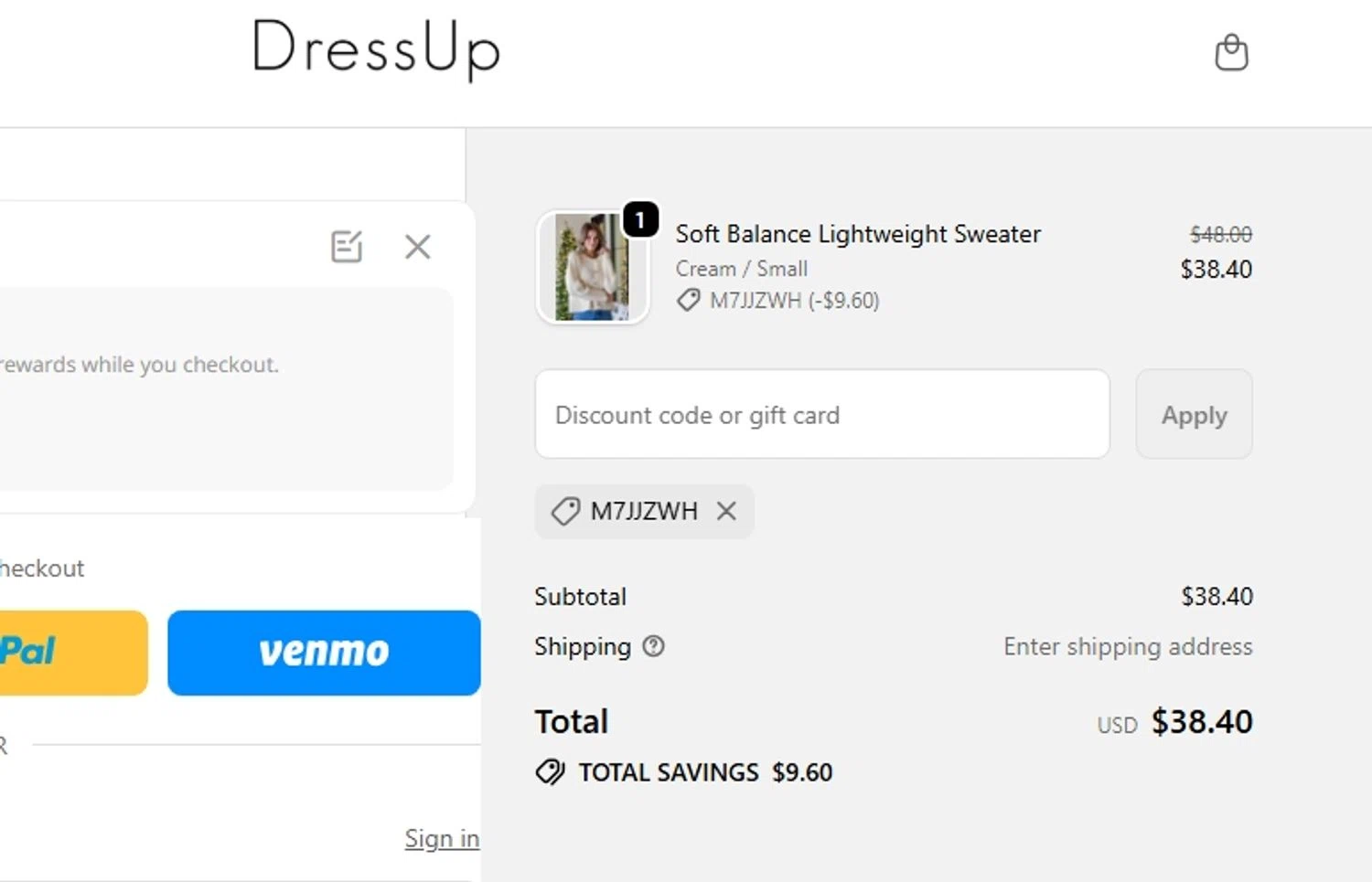 Dress Up coupon code screenshot showing code M7JJZWH applied at Dress Up checkout page. Uploaded by SimplyCodes community member BudgetPro6018 on Dec 28, 2025