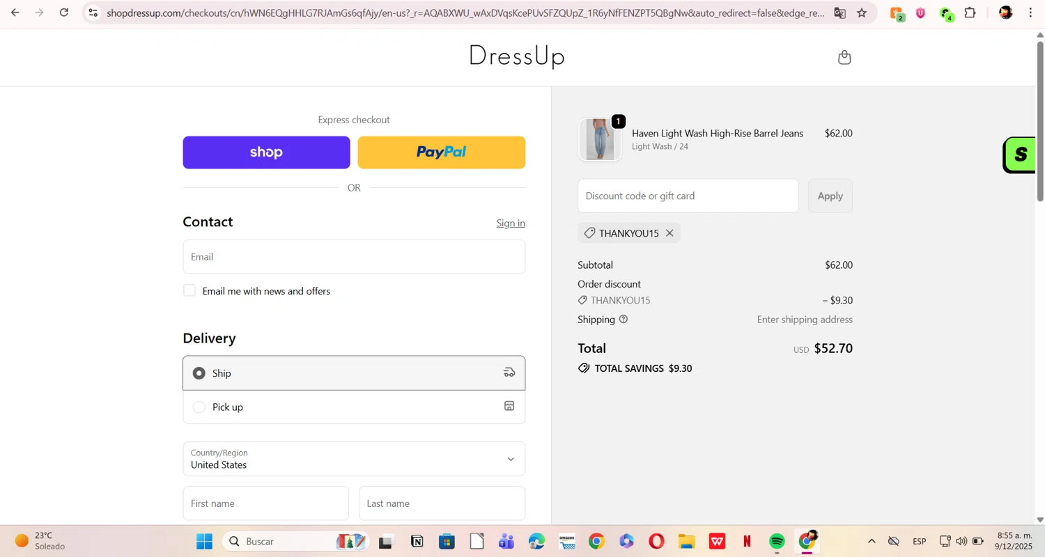 Dress Up coupon code screenshot showing code THANKYOU15 applied at Dress Up checkout page. Uploaded by SimplyCodes community member ERI0810 on Dec 9, 2025