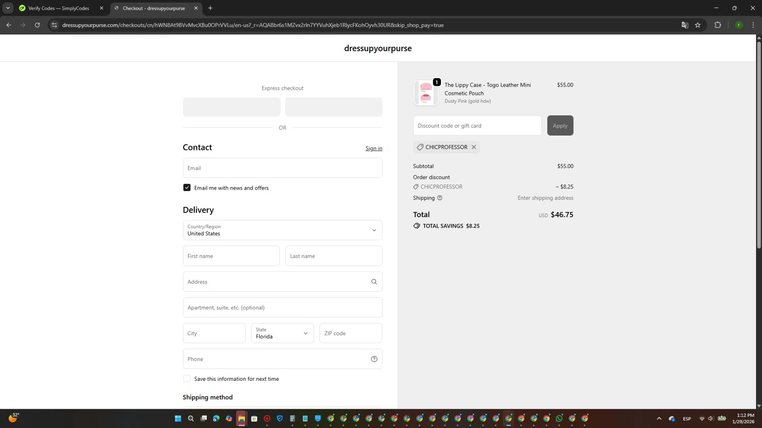 dressupyourpurse promo code screenshot showing code chicprofessor applied at dressupyourpurse checkout page. Uploaded by SimplyCodes community member GoldScout9735 on Jan 29, 2026