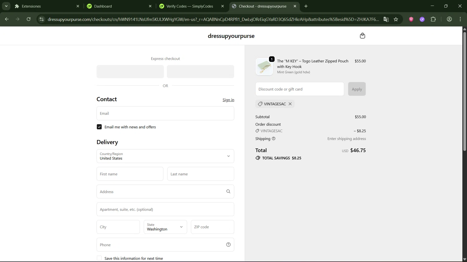 dressupyourpurse promo code screenshot showing code VINTAGESAC applied at dressupyourpurse checkout page. Uploaded by SimplyCodes community member GoldDefender8866 on Feb 20, 2026