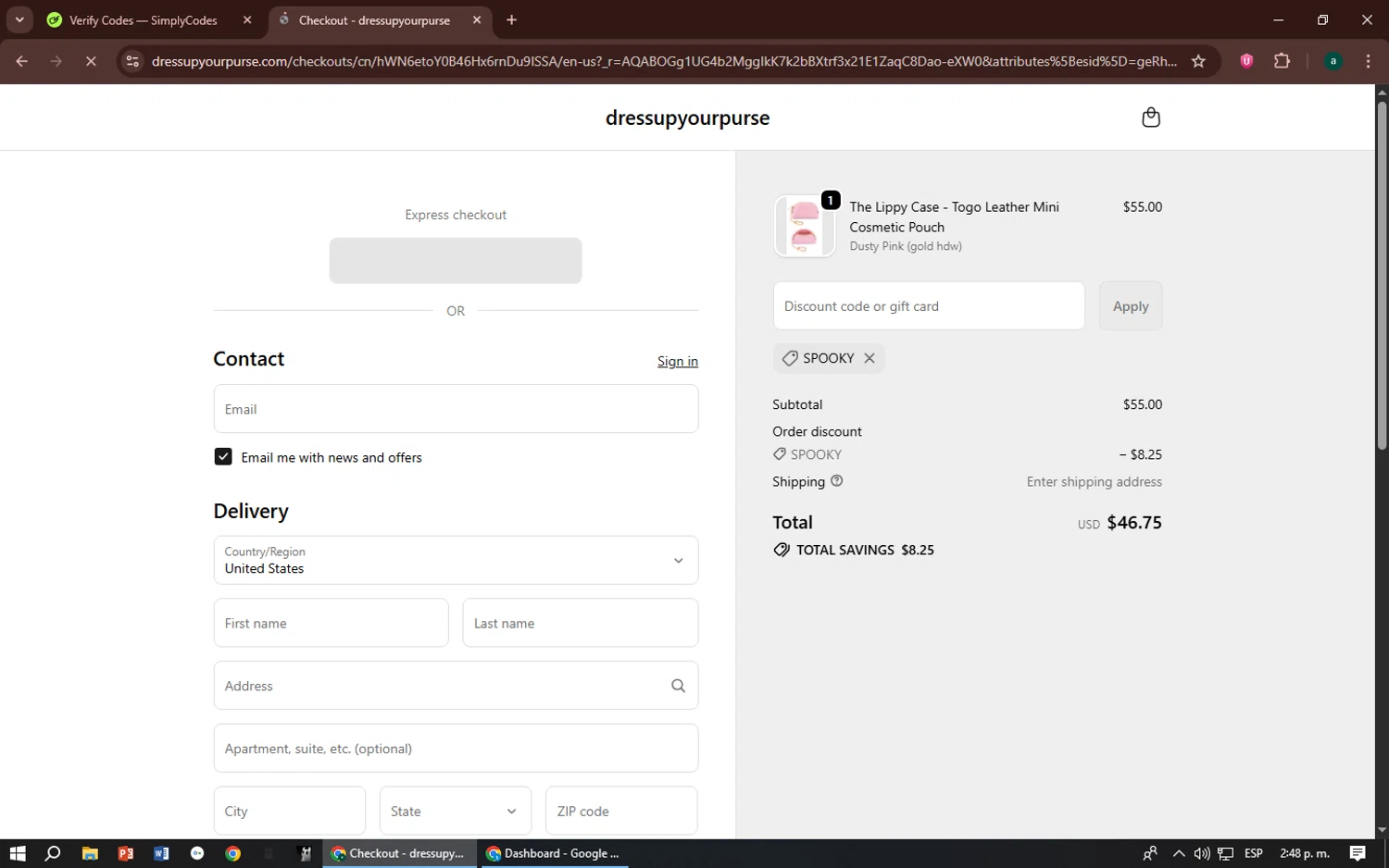 dressupyourpurse promo code screenshot showing code SPOOKY applied at dressupyourpurse checkout page. Uploaded by SimplyCodes community member zizu55 on Dec 20, 2025