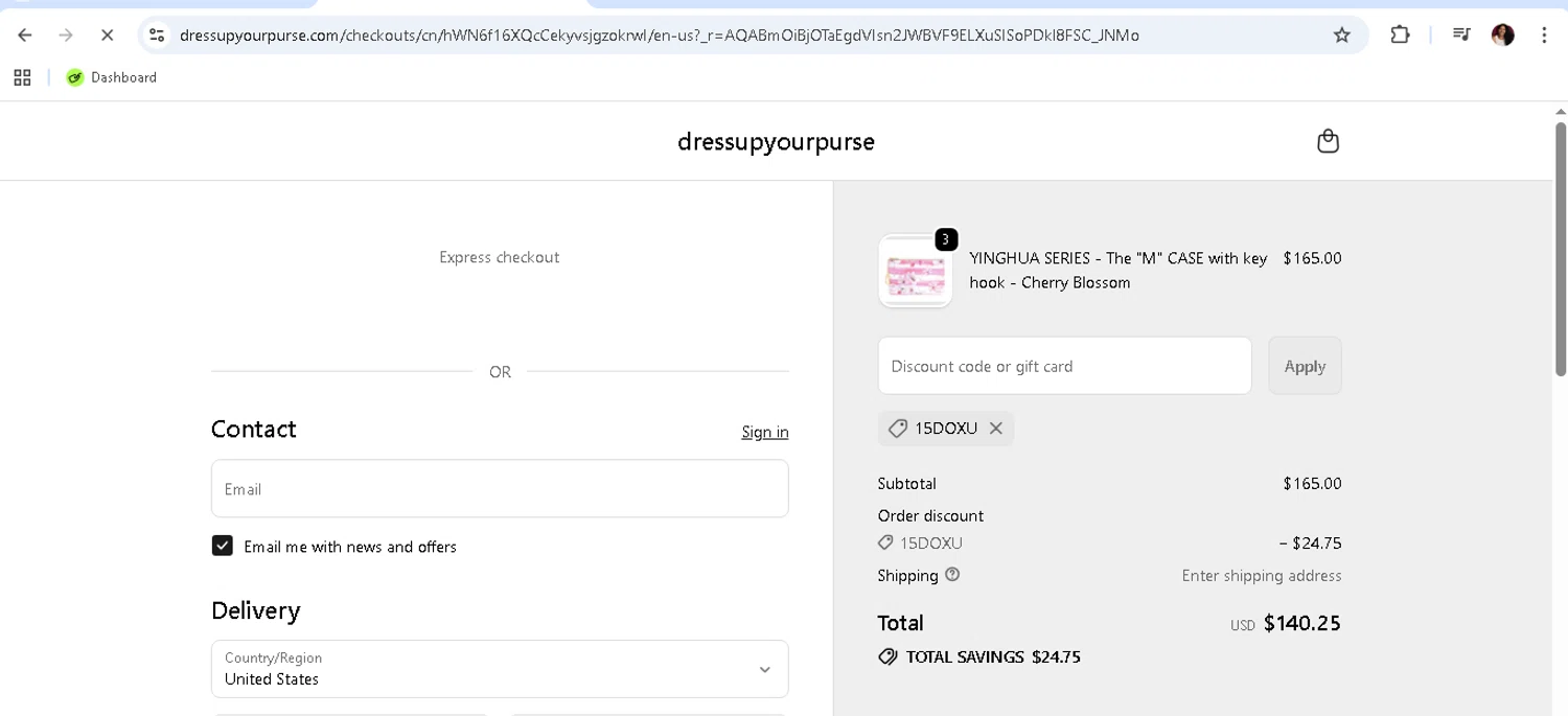 dressupyourpurse promo code screenshot showing code 15DOXU applied at dressupyourpurse checkout page. Uploaded by SimplyCodes community member monicacaraballo on Dec 20, 2025