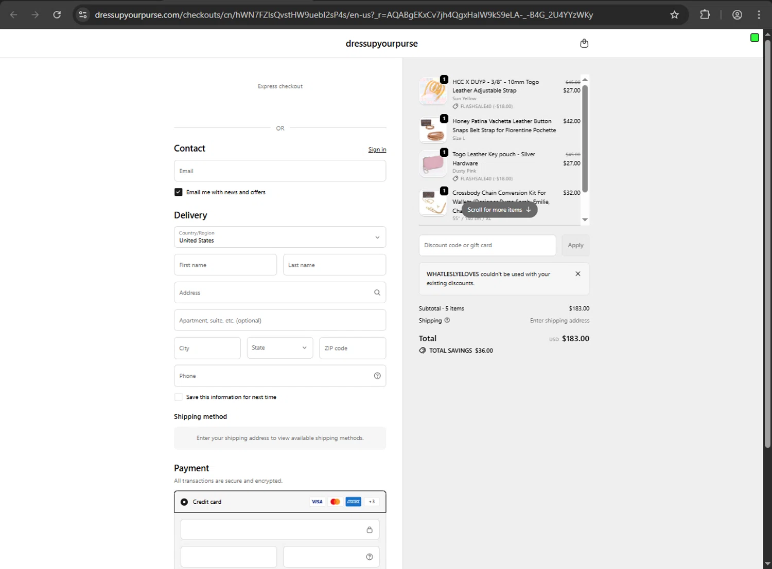 dressupyourpurse discount code screenshot showing code WHATLESLYELOVES applied at dressupyourpurse checkout page. Uploaded by SimplyCodes community member ShrewdDefender8496 on Jan 5, 2026