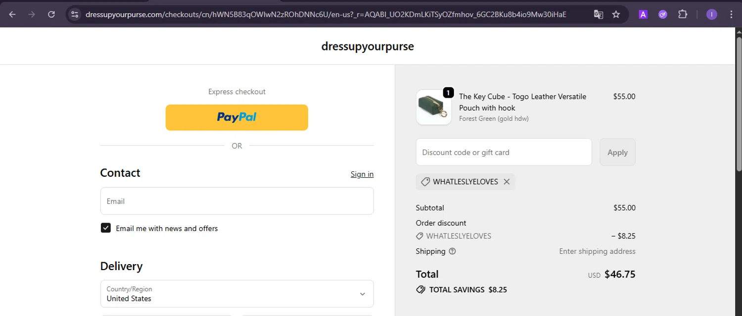 dressupyourpurse discount code screenshot showing code WHATLESLYELOVES applied at dressupyourpurse checkout page. Uploaded by SimplyCodes community member joineds on Nov 11, 2025