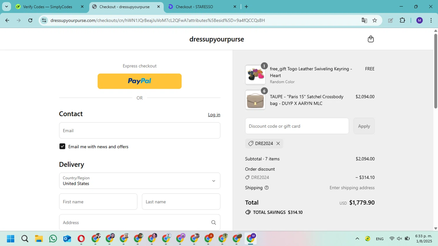 dressupyourpurse discount code screenshot showing code DRE2024 applied at dressupyourpurse checkout page. Uploaded by SimplyCodes community member Fundolaroca on Aug 1, 2025