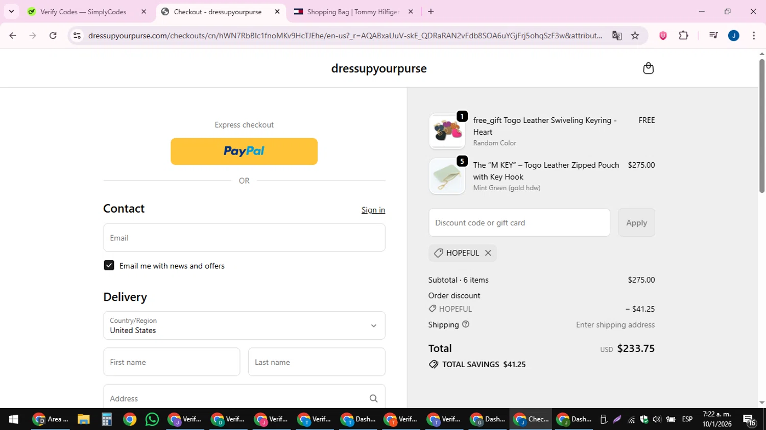 dressupyourpurse promo code screenshot showing code HOPEFUL applied at dressupyourpurse checkout page. Uploaded by SimplyCodes community member noesmith34ur on Jan 10, 2026