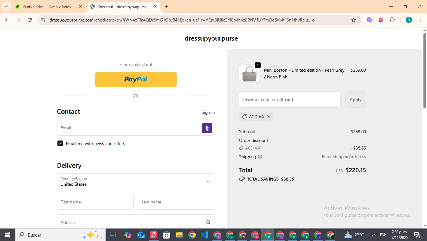 dressupyourpurse discount code screenshot showing code ACDIVA applied at dressupyourpurse checkout page. Uploaded by SimplyCodes community member BudgetHero4407 on Nov 5, 2025