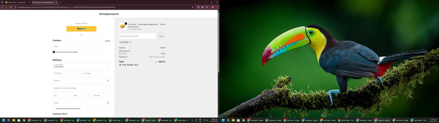 dressupyourpurse discount code screenshot showing code ACDIVA applied at dressupyourpurse checkout page. Uploaded by SimplyCodes community member CouponSage7331 on Nov 17, 2025
