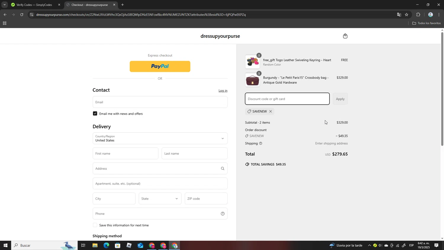 dressupyourpurse discount code screenshot showing code SAVENEW applied at dressupyourpurse checkout page. Uploaded by SimplyCodes community member SmartWizard8062 on Mar 19, 2025