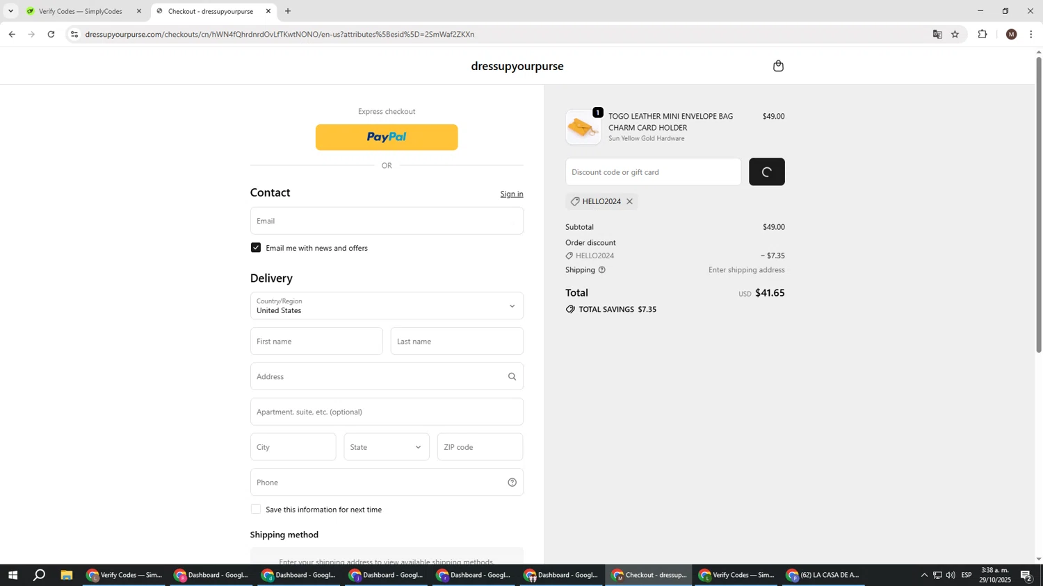 dressupyourpurse discount code screenshot showing code HELLO2024 applied at dressupyourpurse checkout page. Uploaded by SimplyCodes community member KTMCRF on Oct 29, 2025
