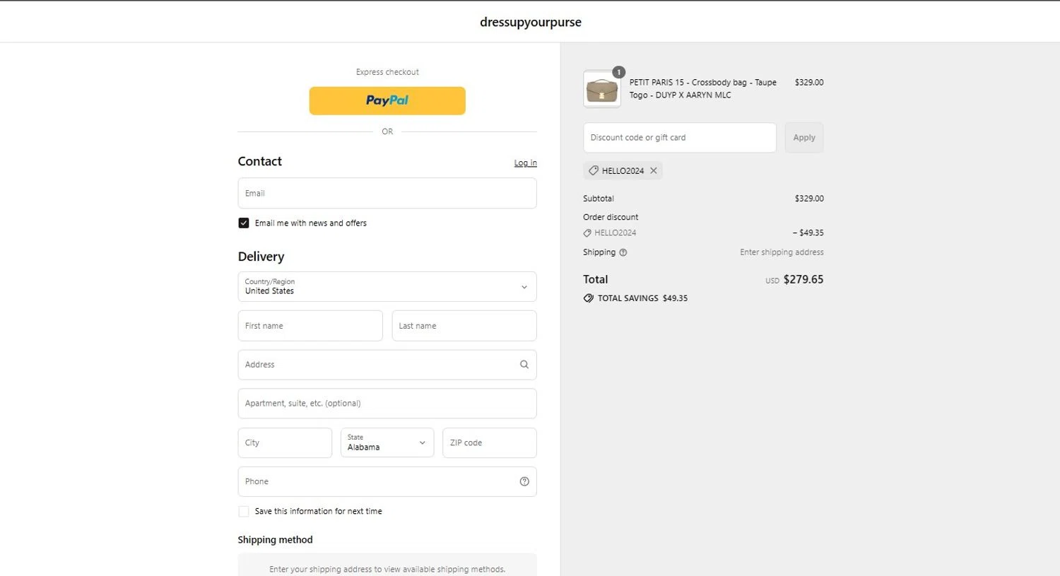 dressupyourpurse discount code screenshot showing code HELLO2024 applied at dressupyourpurse checkout page. Uploaded by SimplyCodes community member PennyHero5335 on Jul 5, 2025