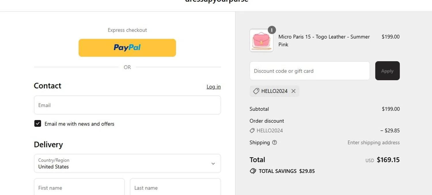 dressupyourpurse discount code screenshot showing code HELLO2024 applied at dressupyourpurse checkout page. Uploaded by SimplyCodes community member Olorinnnnn on Jul 28, 2025