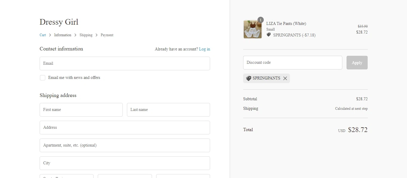 Dressy Girl checkout page showing Dressy Girl promo code box | Screenshot taken by SimplyCodes community member on Apr 26, 2022