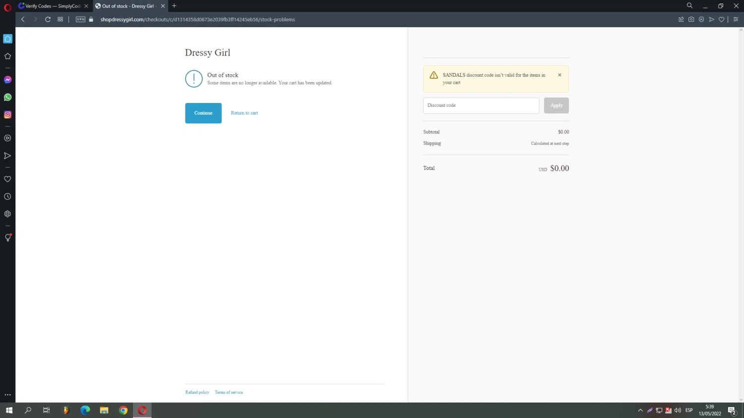 Dressy Girl checkout page showing Dressy Girl promo code box | Screenshot taken by SimplyCodes community member on May 13, 2022