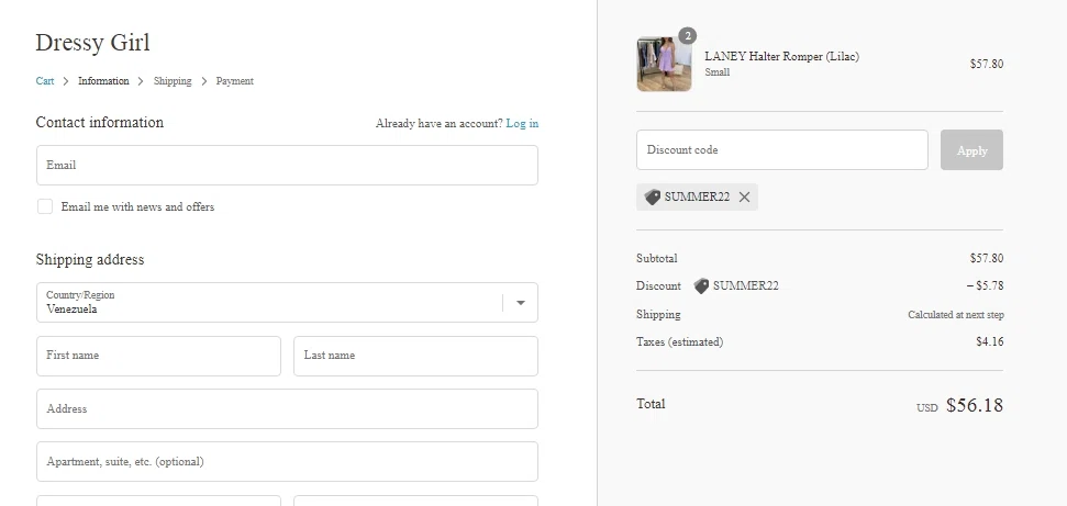 Dressy Girl checkout page showing Dressy Girl promo code box | Screenshot taken by SimplyCodes community member on Jun 7, 2022
