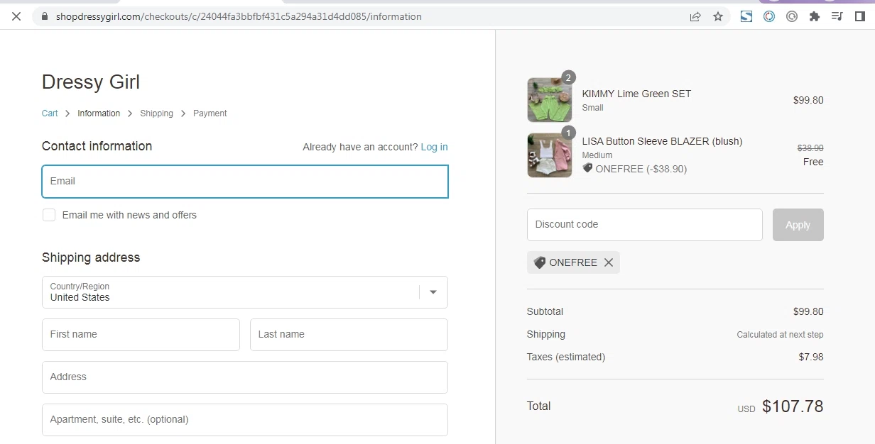 Dressy Girl checkout page showing Dressy Girl promo code box | Screenshot taken by SimplyCodes community member on Jul 20, 2022