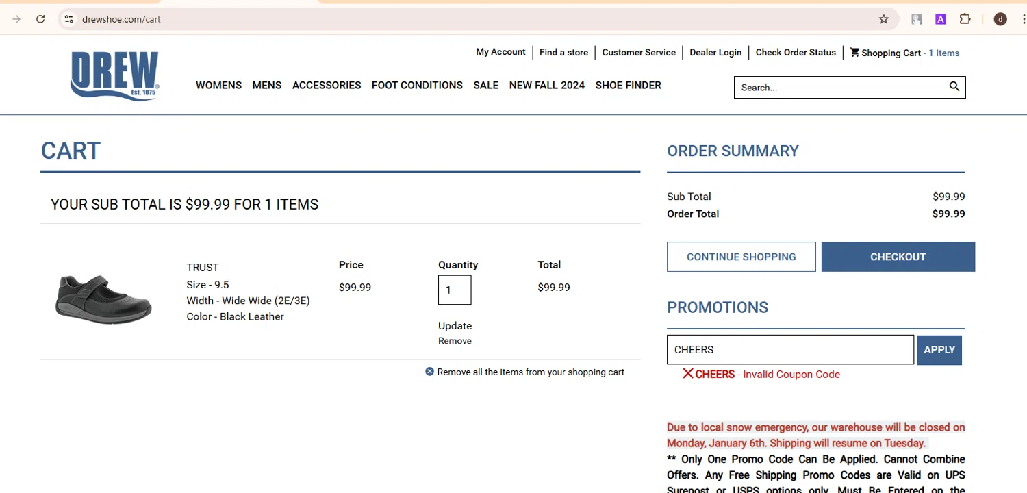 Drew Shoe promo code screenshot showing code CHEERS applied at Drew Shoe checkout page. Uploaded by SimplyCodes community member SwiftHunter4675 on Jan 7, 2025