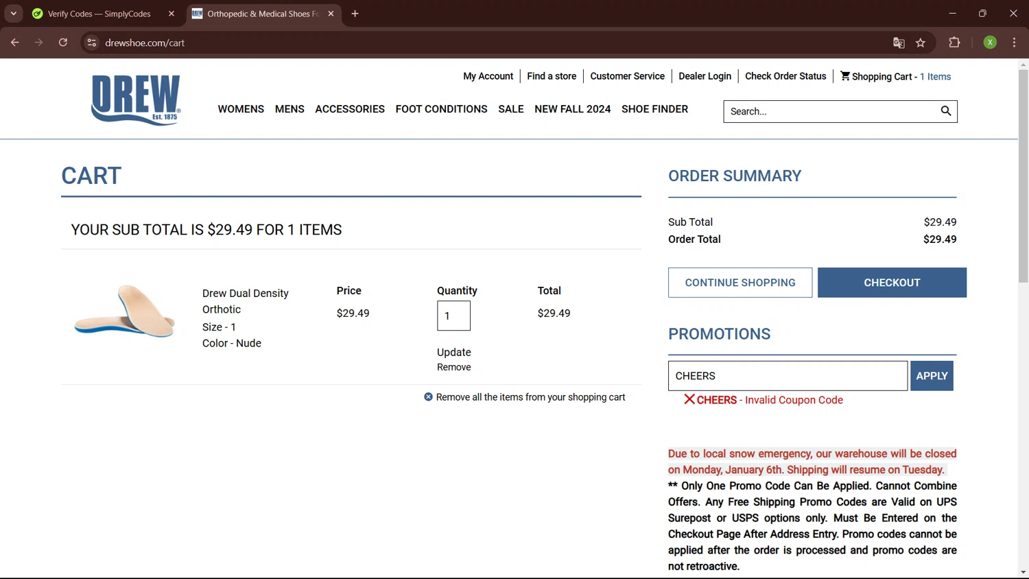 Drew Shoe promo code screenshot showing code CHEERS applied at Drew Shoe checkout page. Uploaded by SimplyCodes community member SaleTiger1087 on Jan 7, 2025