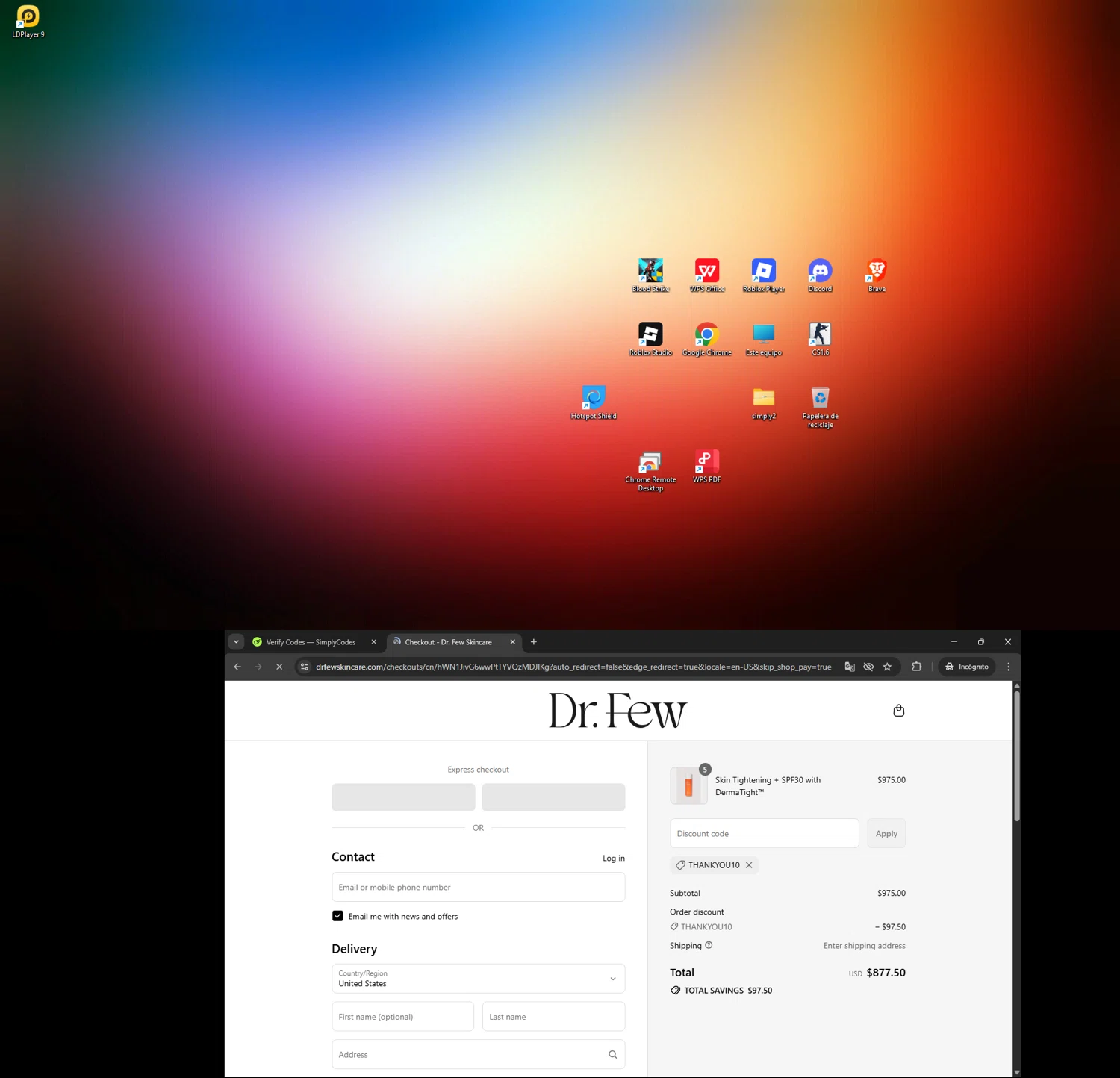 Dr. Few Skincare promo code screenshot showing code THANKYOU10 applied at Dr. Few Skincare checkout page. Uploaded by SimplyCodes community member CRF250CC on Aug 2, 2025