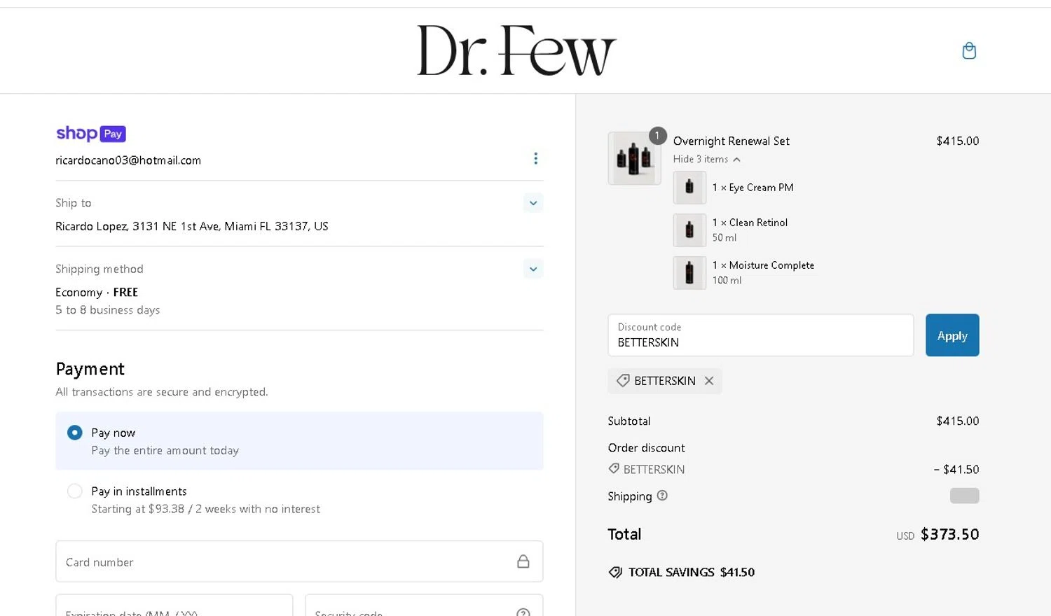 Dr. Few Skincare promo code screenshot showing code BETTERSKIN applied at Dr. Few Skincare checkout page. Uploaded by SimplyCodes community member LAMINEJAMAL on Feb 26, 2025