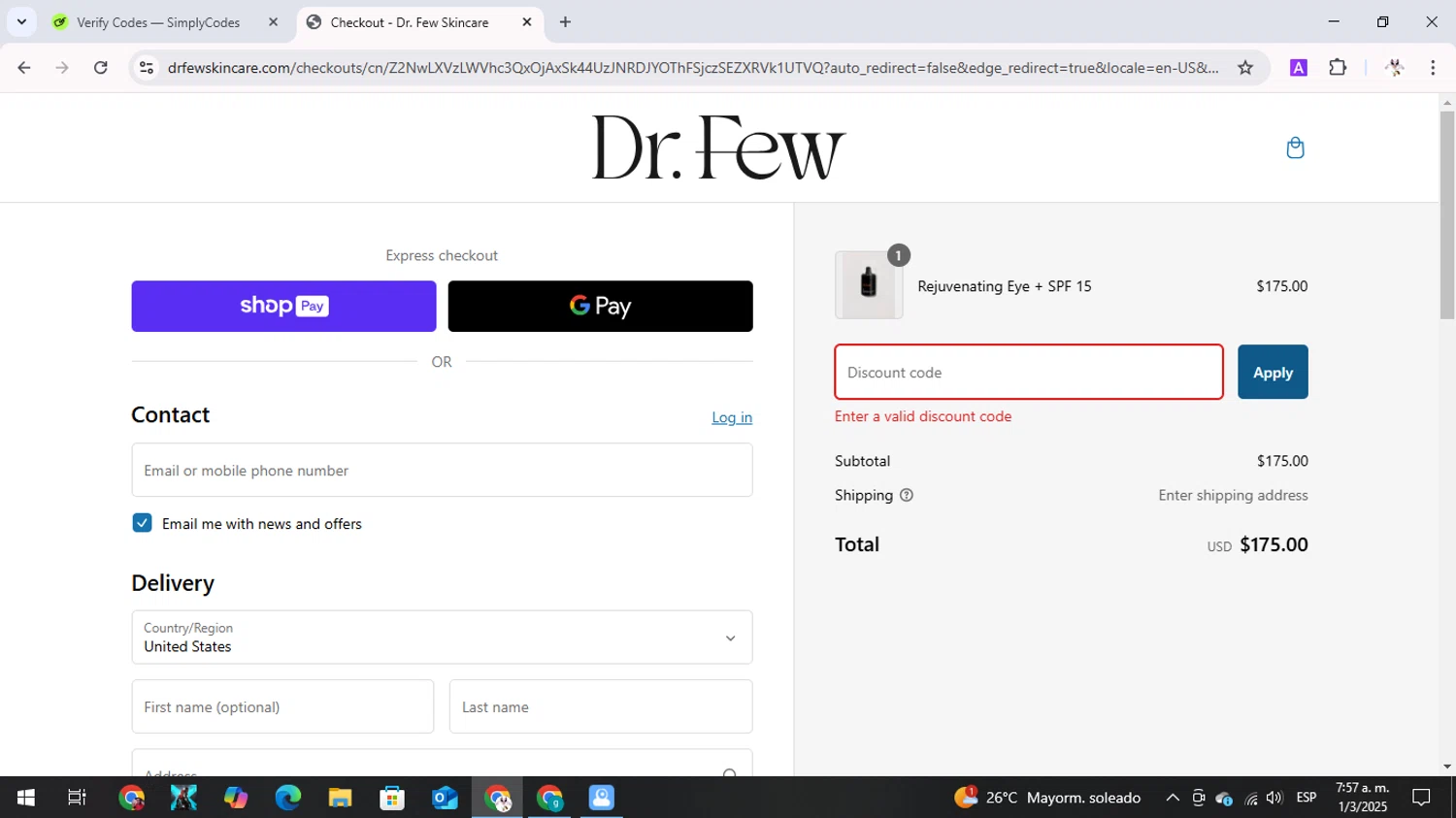Dr. Few Skincare promo code screenshot showing code SAMPLE2XRPRGDK applied at Dr. Few Skincare checkout page. Uploaded by SimplyCodes community member GameOver on Mar 1, 2025
