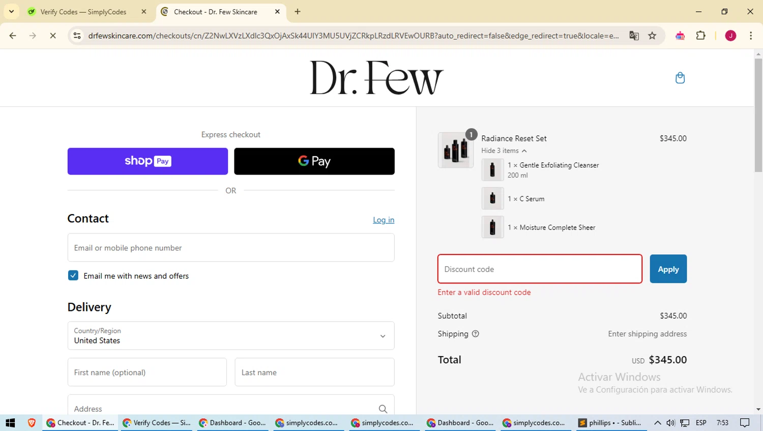 Dr. Few Skincare promo code screenshot showing code SAMPLE2XRPRGDK applied at Dr. Few Skincare checkout page. Uploaded by SimplyCodes community member CashAce3869 on Mar 1, 2025