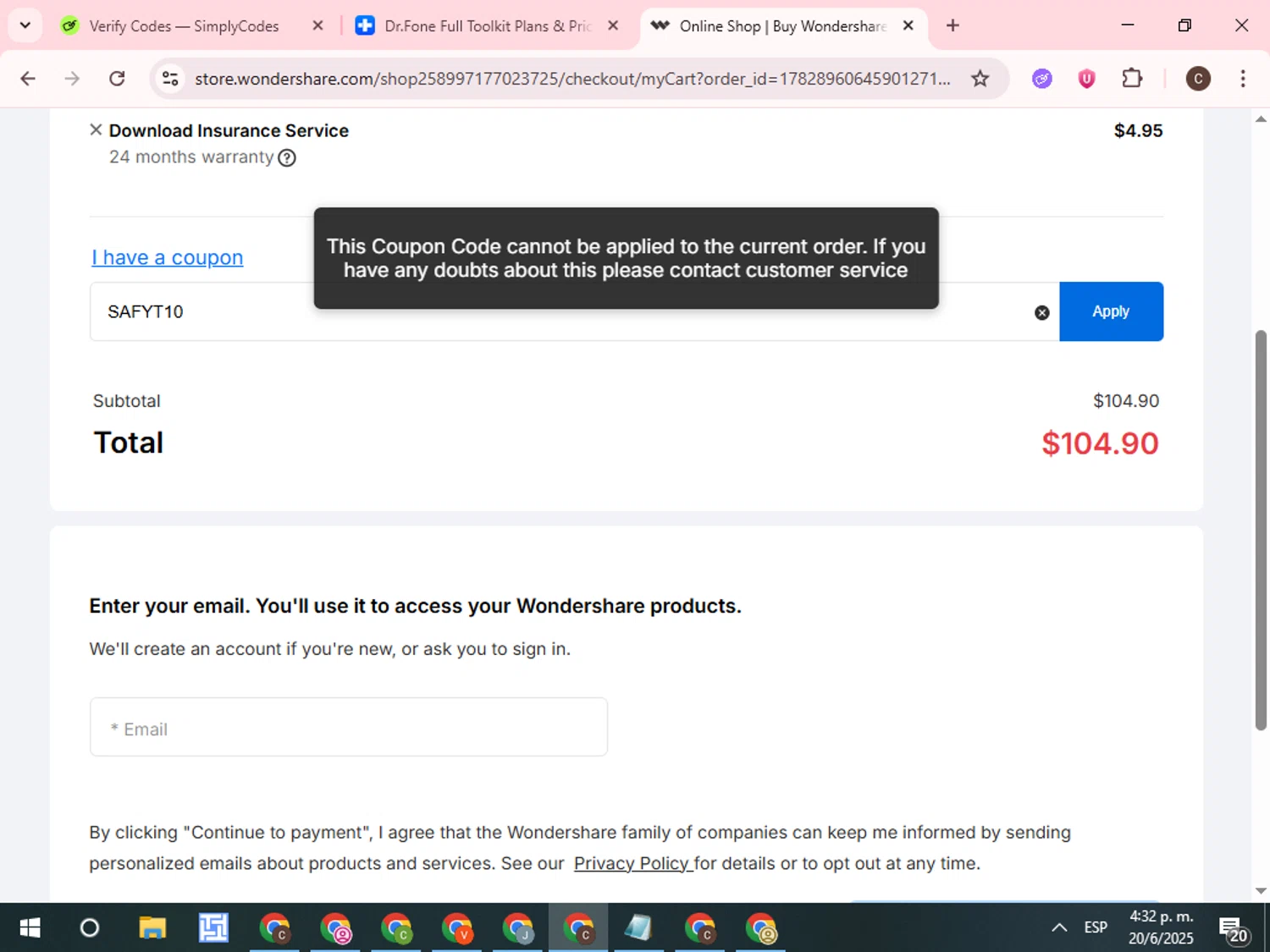 Dr.Fone coupon code screenshot showing code SAFYT10 applied at Dr.Fone checkout page. Uploaded by SimplyCodes community member WonderCurator7831 on Jun 20, 2025