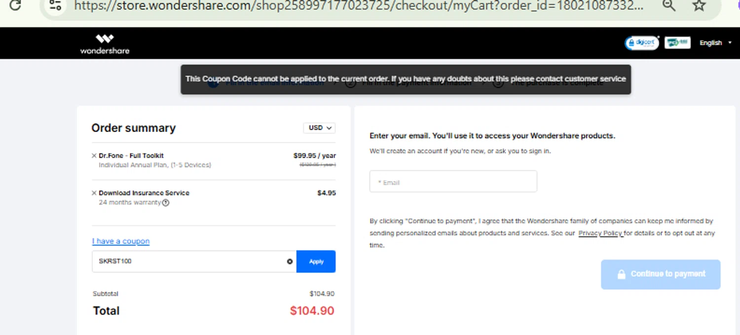 Dr.Fone coupon code screenshot showing code SKRST100 applied at Dr.Fone checkout page. Uploaded by SimplyCodes community member RewardFinder4836 on Aug 12, 2025