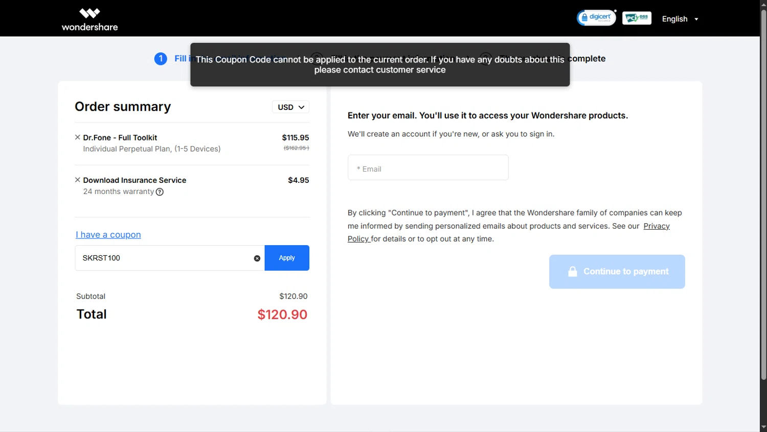 Dr.Fone coupon code screenshot showing code SKRST100 applied at Dr.Fone checkout page. Uploaded by SimplyCodes community member TokioMiller on Sep 10, 2025