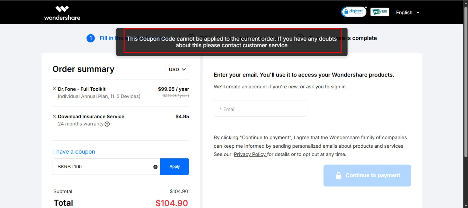 Dr.Fone coupon code screenshot showing code SKRST100 applied at Dr.Fone checkout page. Uploaded by SimplyCodes community member noworries on Sep 10, 2025