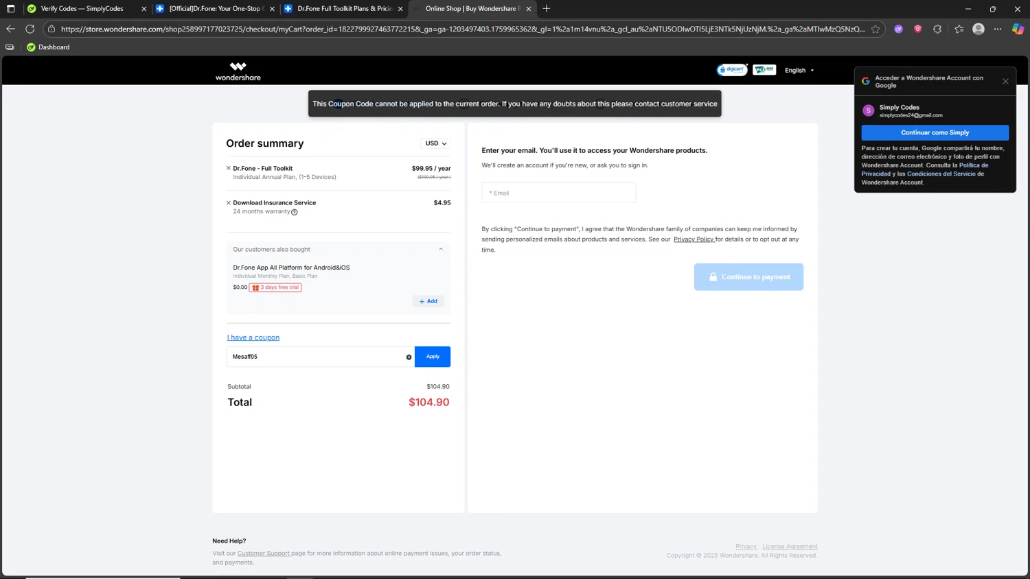 Dr.Fone coupon code screenshot showing code Mesaff05 applied at Dr.Fone checkout page. Uploaded by SimplyCodes community member Akatsuki on Oct 8, 2025