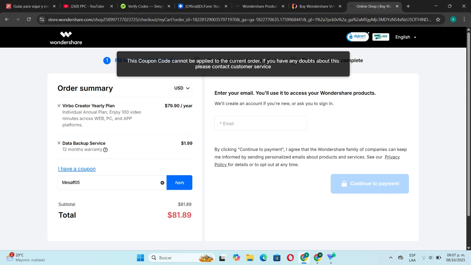 Dr.Fone coupon code screenshot showing code Mesaff05 applied at Dr.Fone checkout page. Uploaded by SimplyCodes community member CouponSentinel181 on Oct 9, 2025