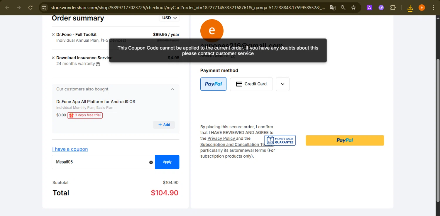 Dr.Fone coupon code screenshot showing code Mesaff05 applied at Dr.Fone checkout page. Uploaded by SimplyCodes community member NobleElite1598 on Oct 8, 2025
