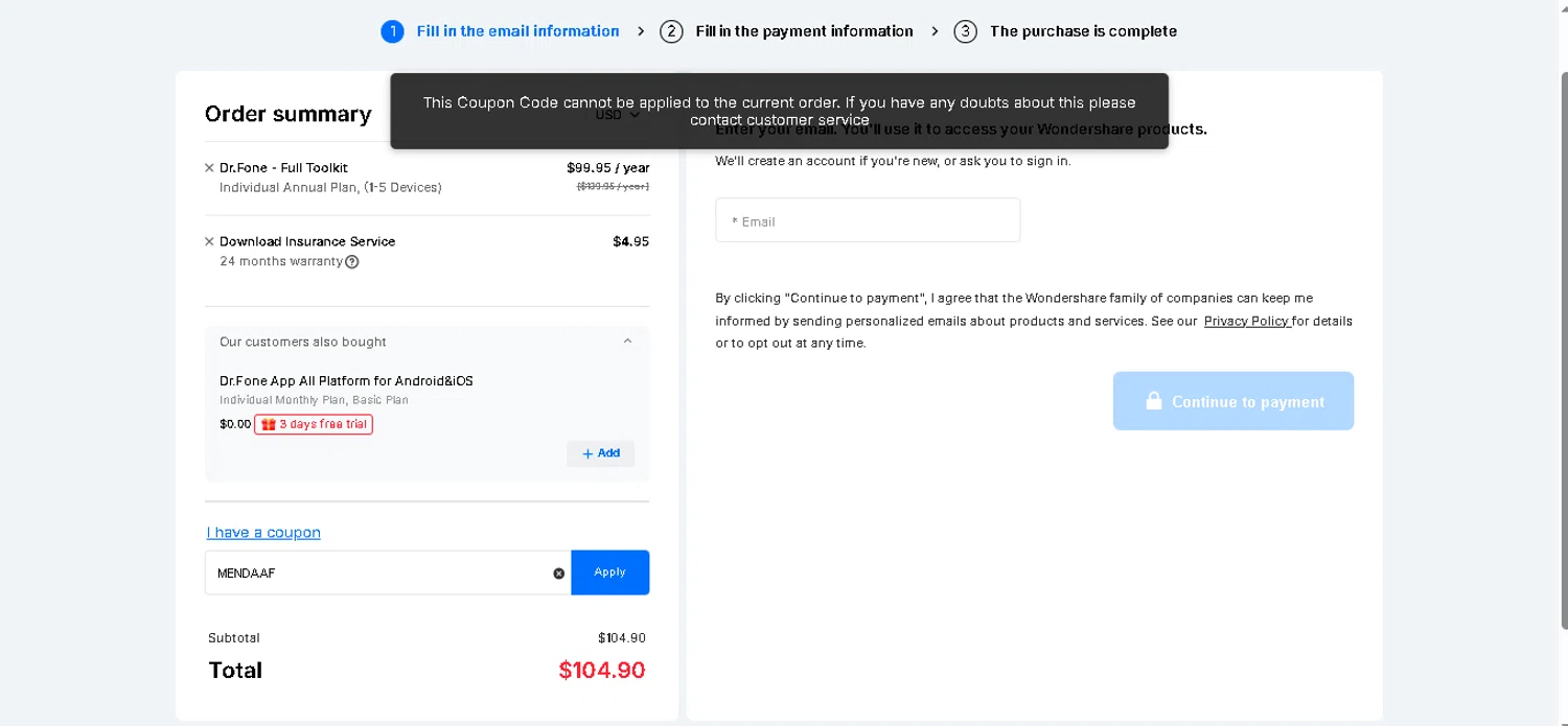 Dr.Fone coupon code screenshot showing code MENDAAF applied at Dr.Fone checkout page. Uploaded by SimplyCodes community member tuvalu10 on Dec 23, 2025