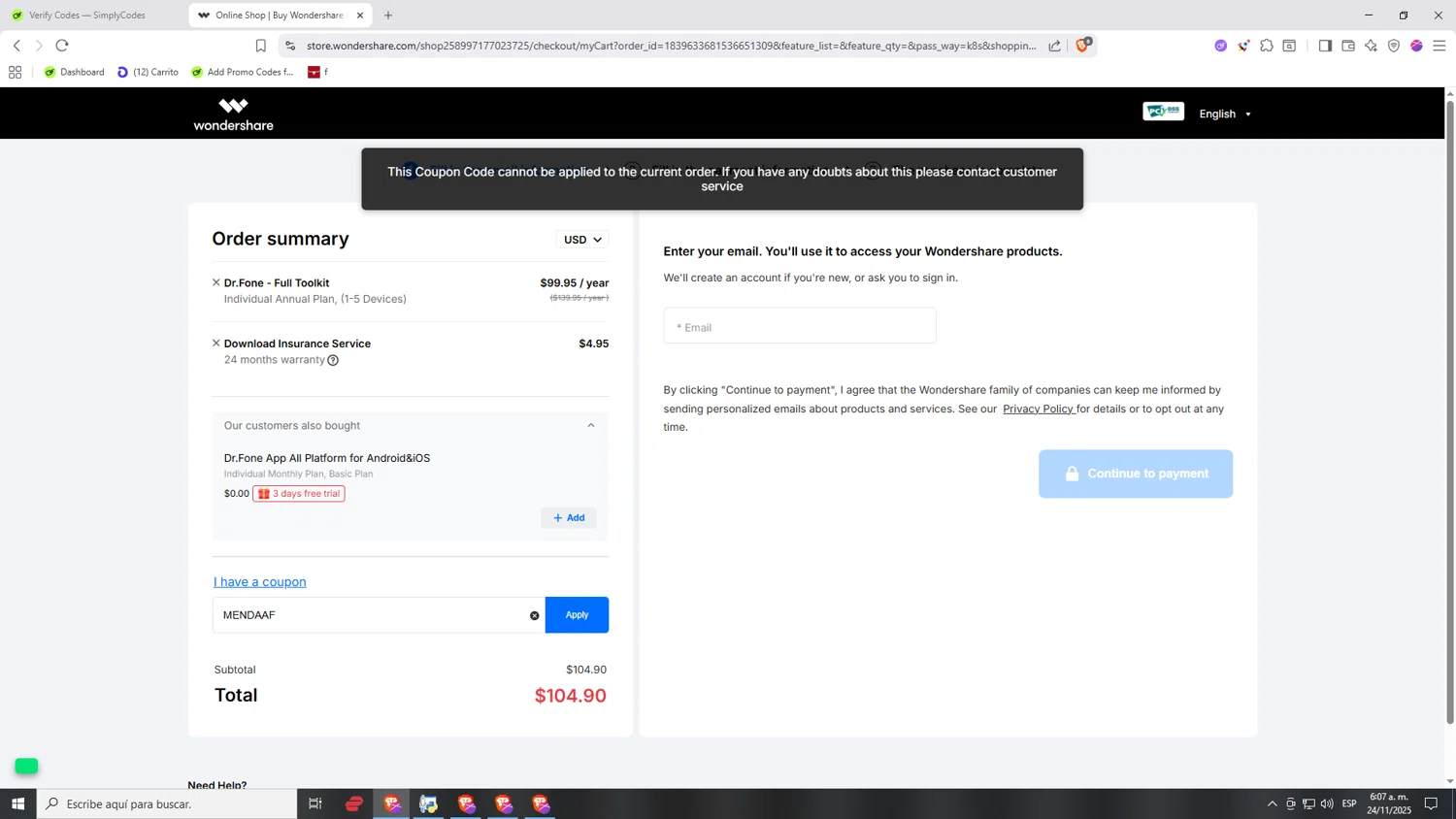 Dr.Fone checkout page showing Dr.Fone coupon code box | Screenshot taken by SimplyCodes community member on Nov 24, 2025