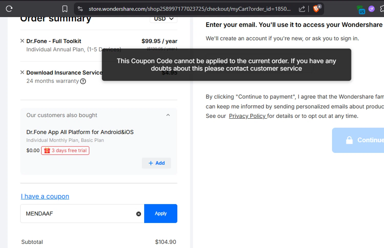 Dr.Fone coupon code screenshot showing code MENDAAF applied at Dr.Fone checkout page. Uploaded by SimplyCodes community member leiraM on Dec 23, 2025