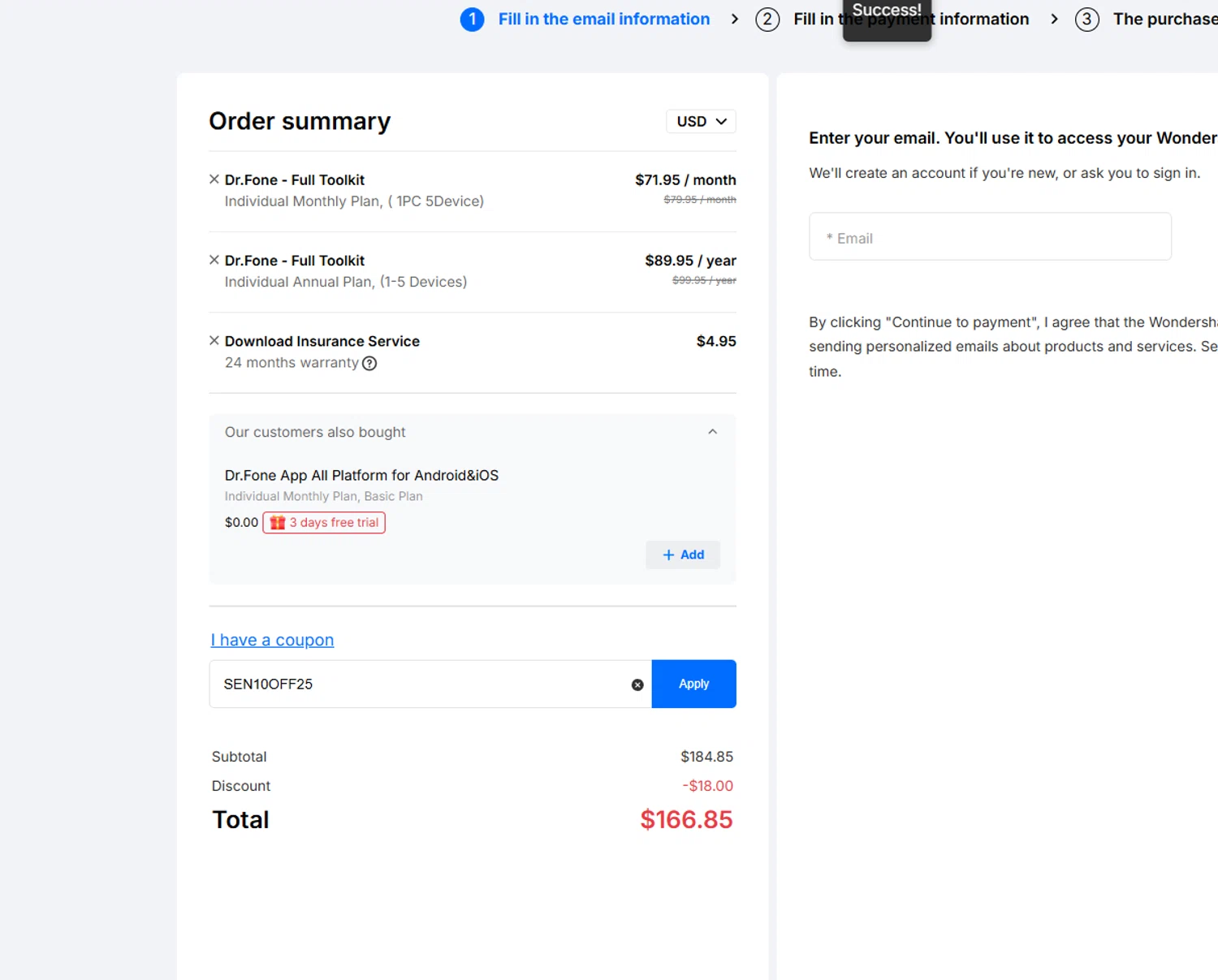 Dr.Fone coupon code screenshot showing code SEN10OFF25 applied at Dr.Fone checkout page. Uploaded by SimplyCodes community member Halanweik on Dec 22, 2025