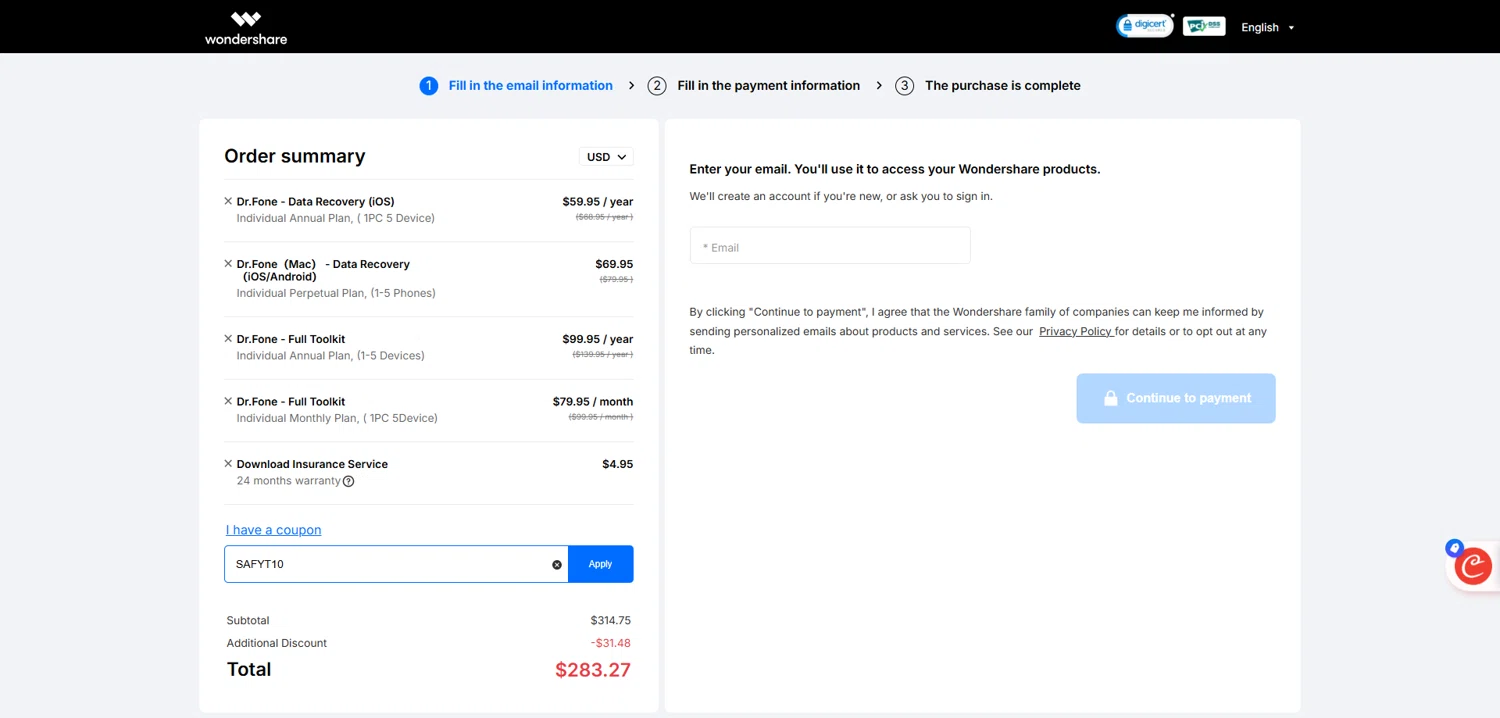 Dr.Fone coupon code screenshot showing code SAFYT10 applied at Dr.Fone checkout page. Uploaded by SimplyCodes community member Dorothy on Jun 20, 2025