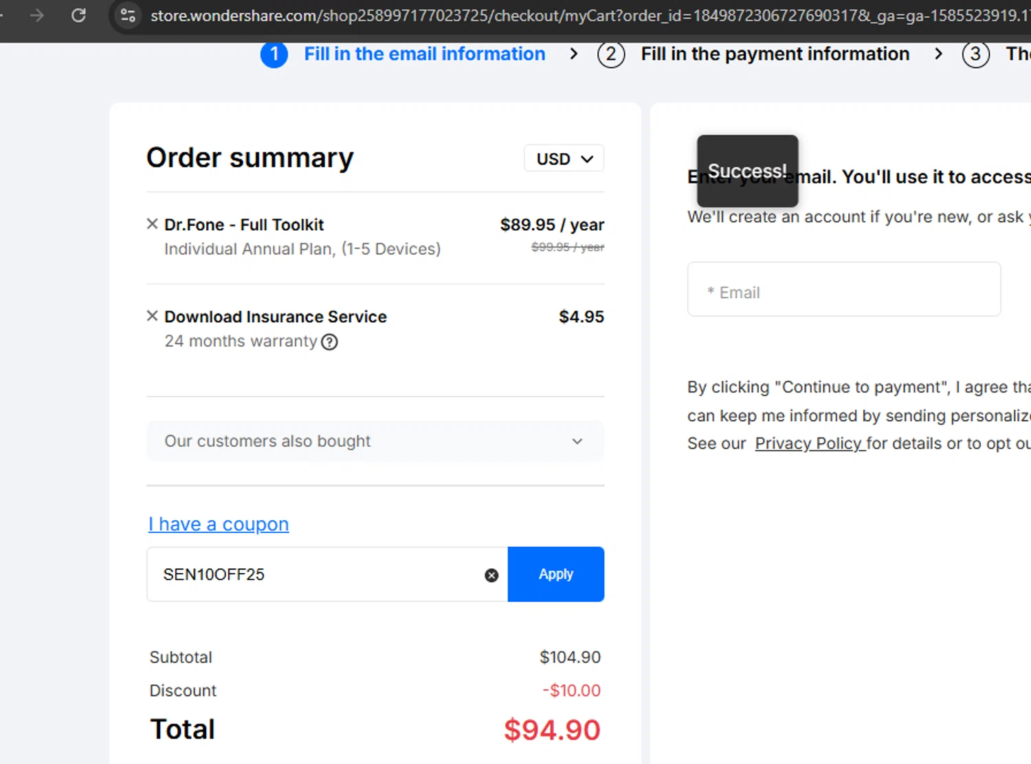 Dr.Fone coupon code screenshot showing code SEN10OFF25 applied at Dr.Fone checkout page. Uploaded by SimplyCodes community member javierprez on Dec 22, 2025