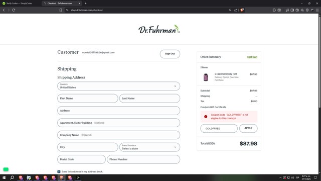 Dr. Fuhrman checkout page showing Dr. Fuhrman coupon code box | Screenshot taken by SimplyCodes community member on Jul 27, 2025