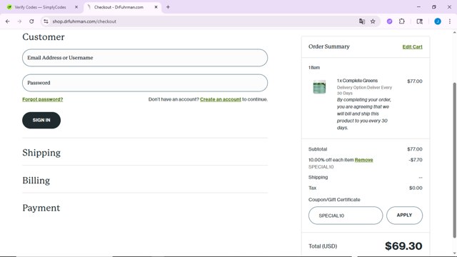 Dr. Fuhrman checkout page showing Dr. Fuhrman coupon code box | Screenshot taken by SimplyCodes community member on Jul 19, 2025