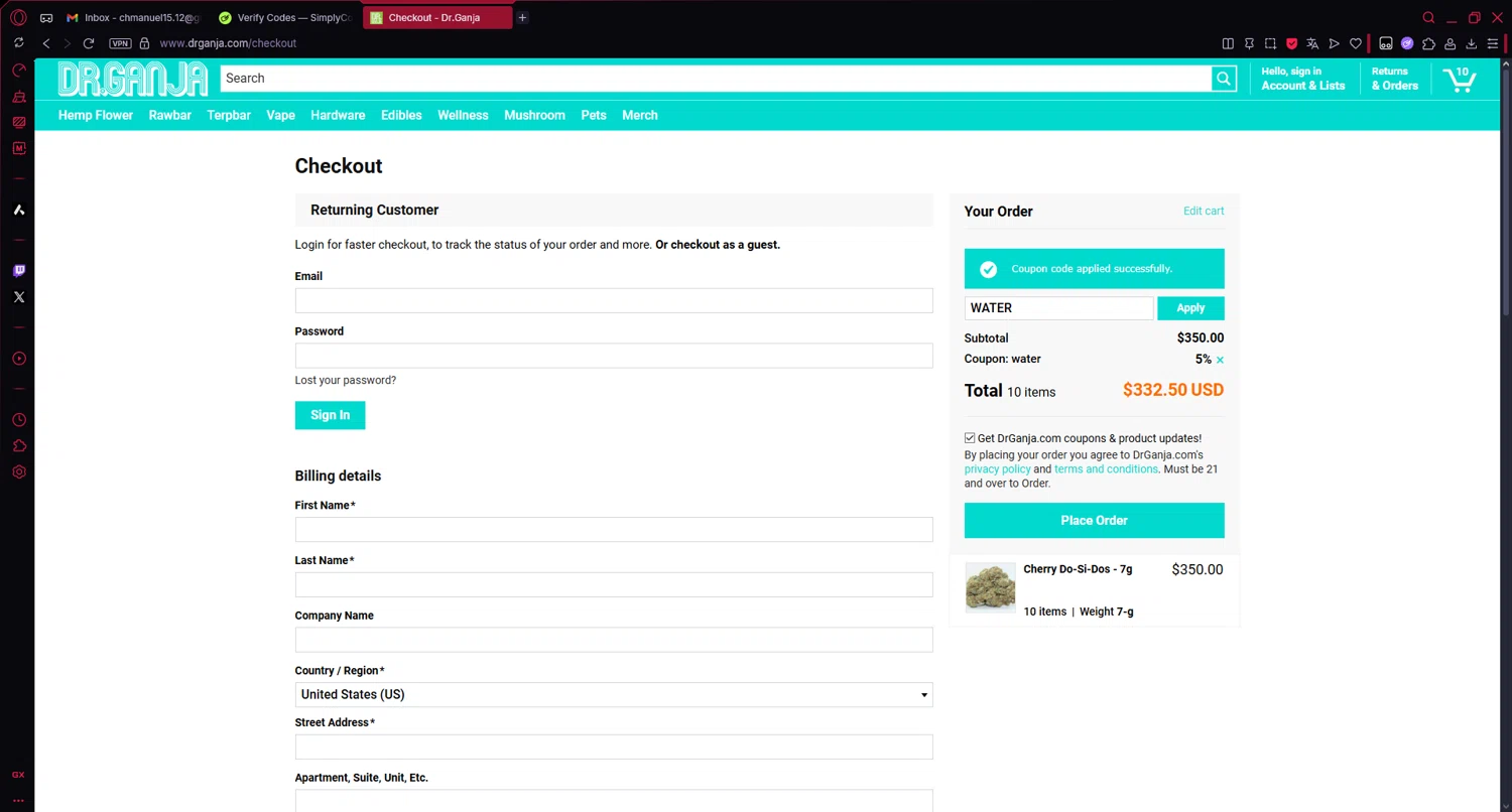 Dr.Ganja coupon code screenshot showing code WATER applied at Dr.Ganja checkout page. Uploaded by SimplyCodes community member Veigarwaton on Jul 24, 2025