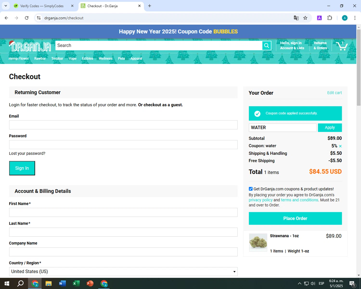 Dr.Ganja coupon code screenshot showing code WATER applied at Dr.Ganja checkout page. Uploaded by SimplyCodes community member RoyalShopper7748 on Jan 5, 2025