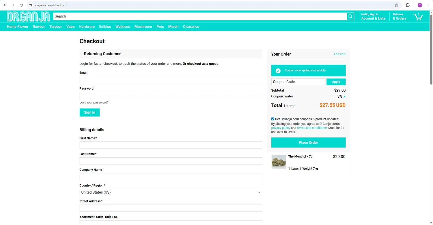 Dr.Ganja coupon code screenshot showing code WATER applied at Dr.Ganja checkout page. Uploaded by SimplyCodes community member webiwabo on Feb 9, 2026