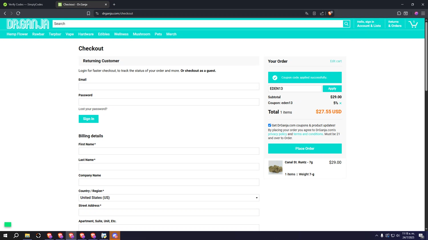 Dr.Ganja coupon code screenshot showing code EDEN13 applied at Dr.Ganja checkout page. Uploaded by SimplyCodes community member SALCHICHA on Jul 24, 2025