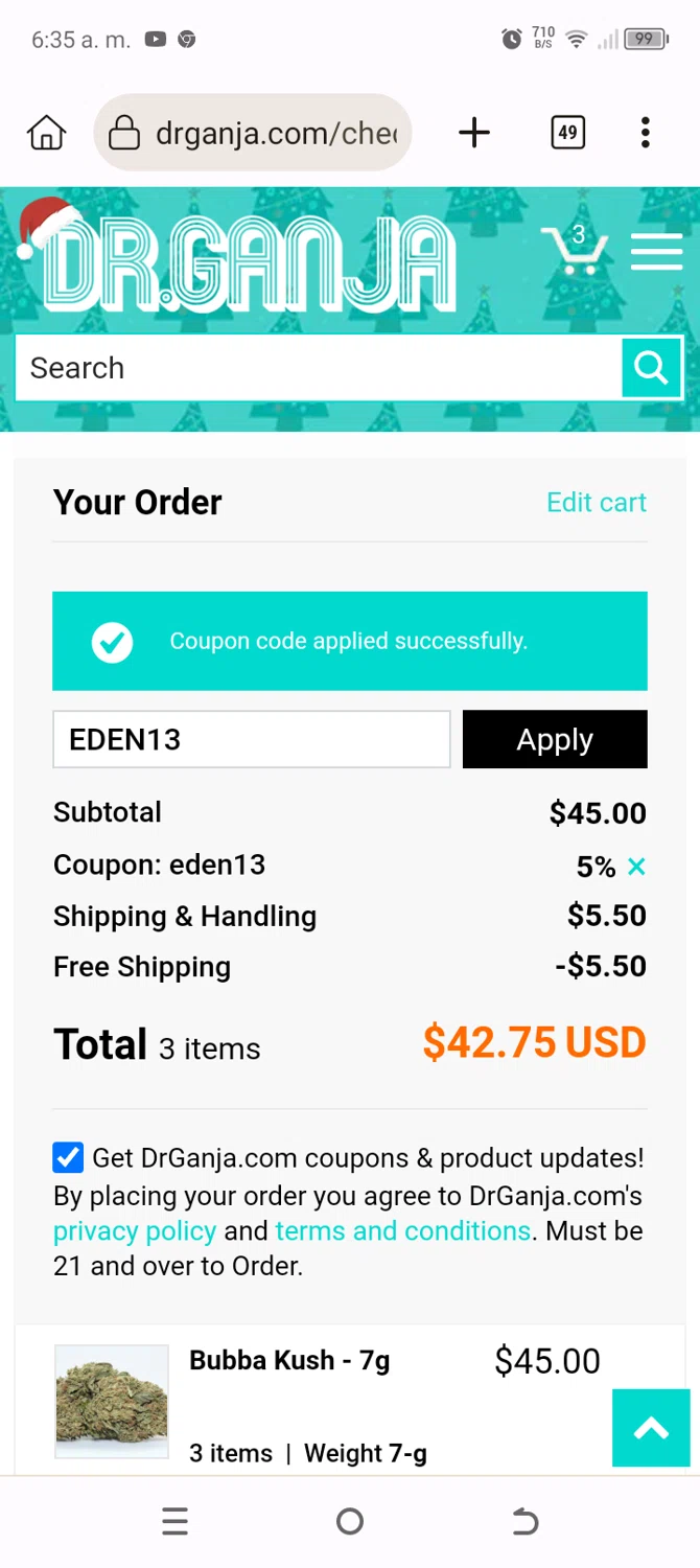 Dr.Ganja coupon code screenshot showing code EDEN13 applied at Dr.Ganja checkout page. Uploaded by SimplyCodes community member Typer19 on Jan 5, 2025