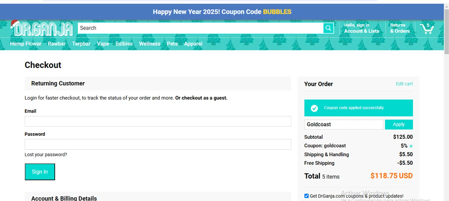 Dr.Ganja coupon code screenshot showing code Goldcoast applied at Dr.Ganja checkout page. Uploaded by SimplyCodes community member CouponMaestro5754 on Jan 6, 2025
